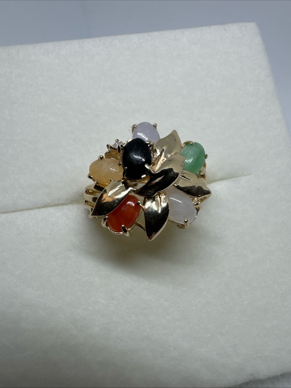 14k Gold MULTI-COLOR Jade & Diamond Floral Cluster Ring Sz 7.75, 4.25g Read!!